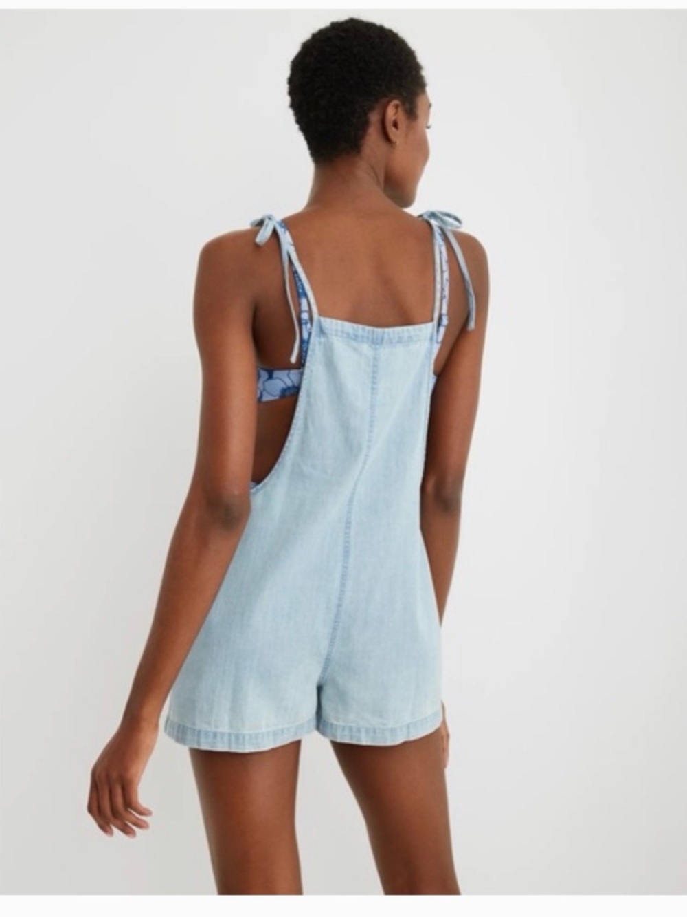 Aerie Light Wash Denim Short Overalls - Pale Blue - Picture 2 of 4